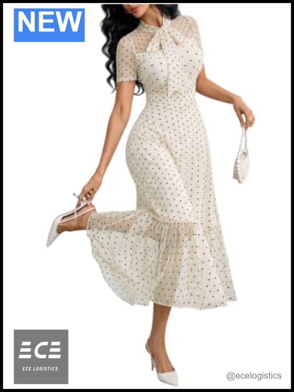 Polka Dot Tie Bow Neck Short Sleeve Maxi Dress Semi Formal Party